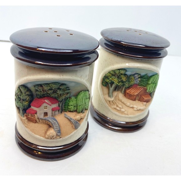 Vintage Hershey Mold Salt & Pepper Set Concave Village Scene Ceramic - Picture 3 of 8